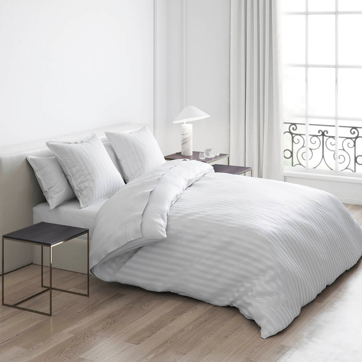 Duvet cover + pillowcase(s) cotton satin dobby stripe woven - White
