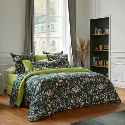 Drap plat satin de coton - Jardin secret vert