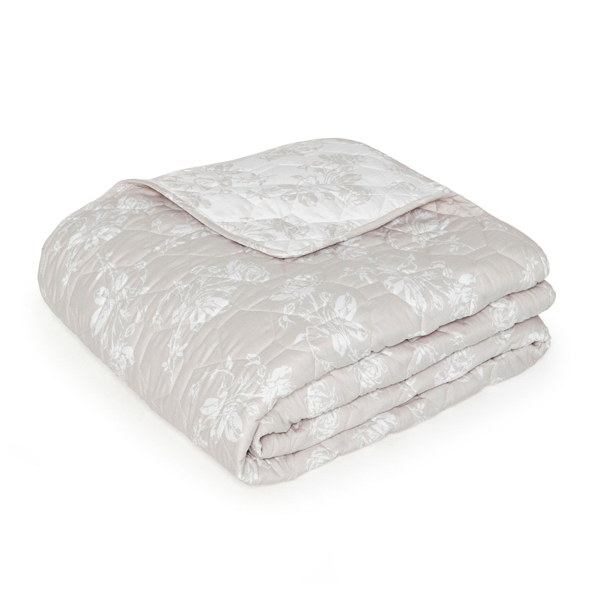 Couvre-lit matelassé en 100% satin de coton - dessin Roses Taupe