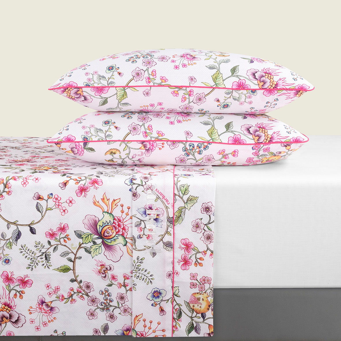 Sheet set cotton satin - Jardin secret White / Blush pink