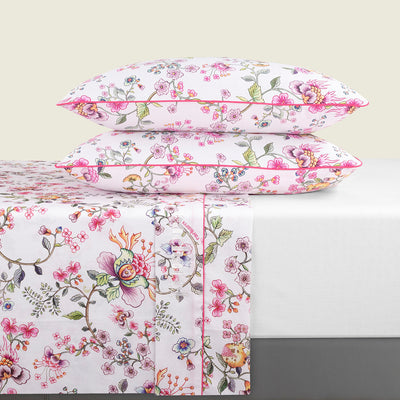 Sheet set cotton satin - Jardin secret White / Blush pink