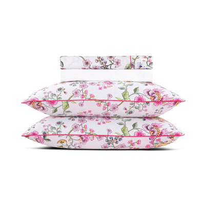 Sheet set cotton satin - Jardin secret White / Blush pink