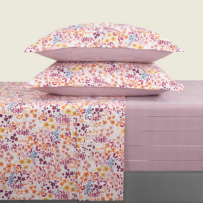 Sheet set cotton satin - Fleurs des Champs Burgundy