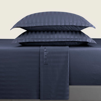 Sheet set cotton satin - Dobby stripe woven Dark blue