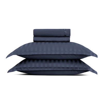 Sheet set cotton satin - Dobby stripe woven Dark blue