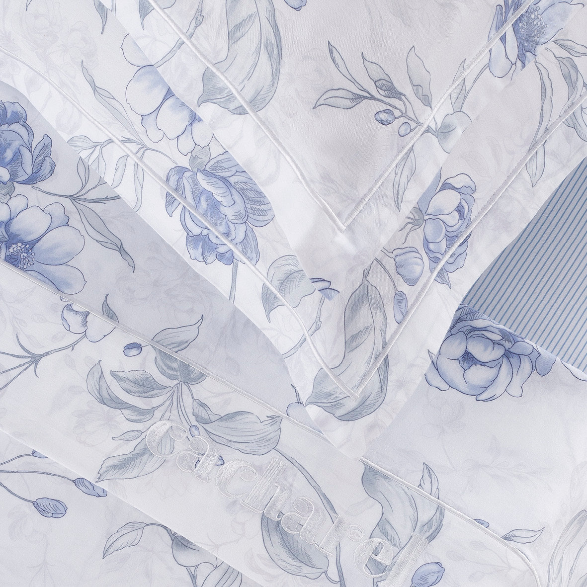 Drap-housse satin de coton - Rayures fines Bleu clair