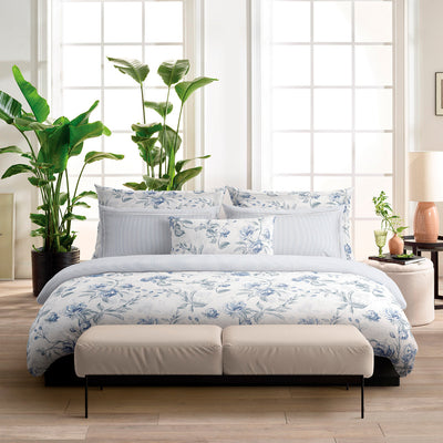 Drap plat satin de coton dobby stripe - Rayures fines Bleu clair