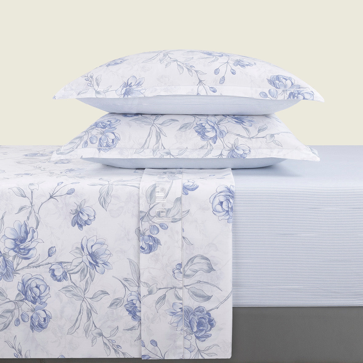 Sheet set cotton satin - Fleurs azurées White