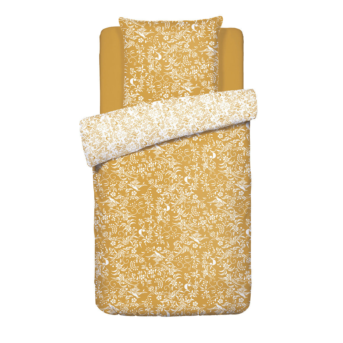 Duvet cover + pillowcase(s) cotton satin - Birds Yellow