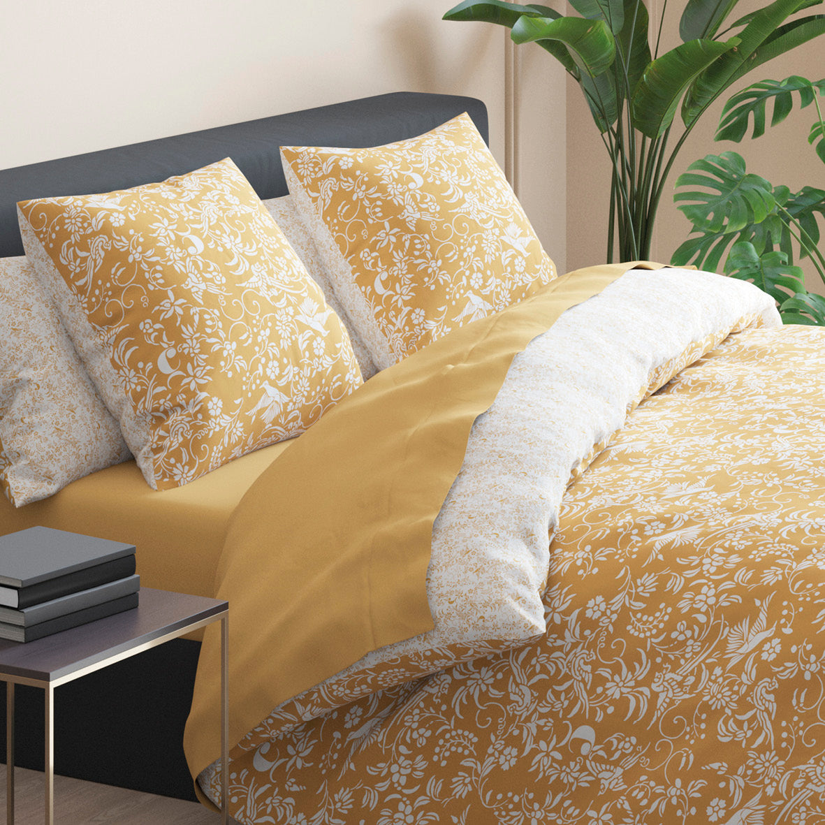 Duvet cover + pillowcase(s) cotton satin - Birds Yellow