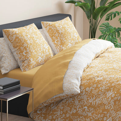 Duvet cover + pillowcase(s) cotton satin - Birds Yellow