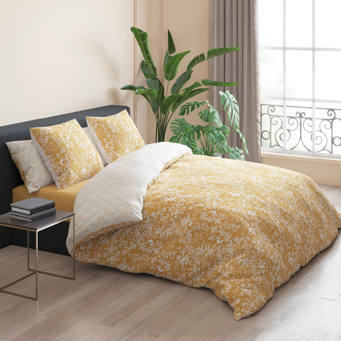 Duvet cover + pillowcase(s) cotton satin - Birds Yellow