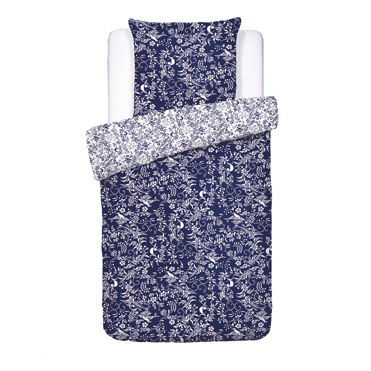 Duvet cover + pillowcase(s) cotton satin - Birds Blue 155 x 220 cm + 80 x 80