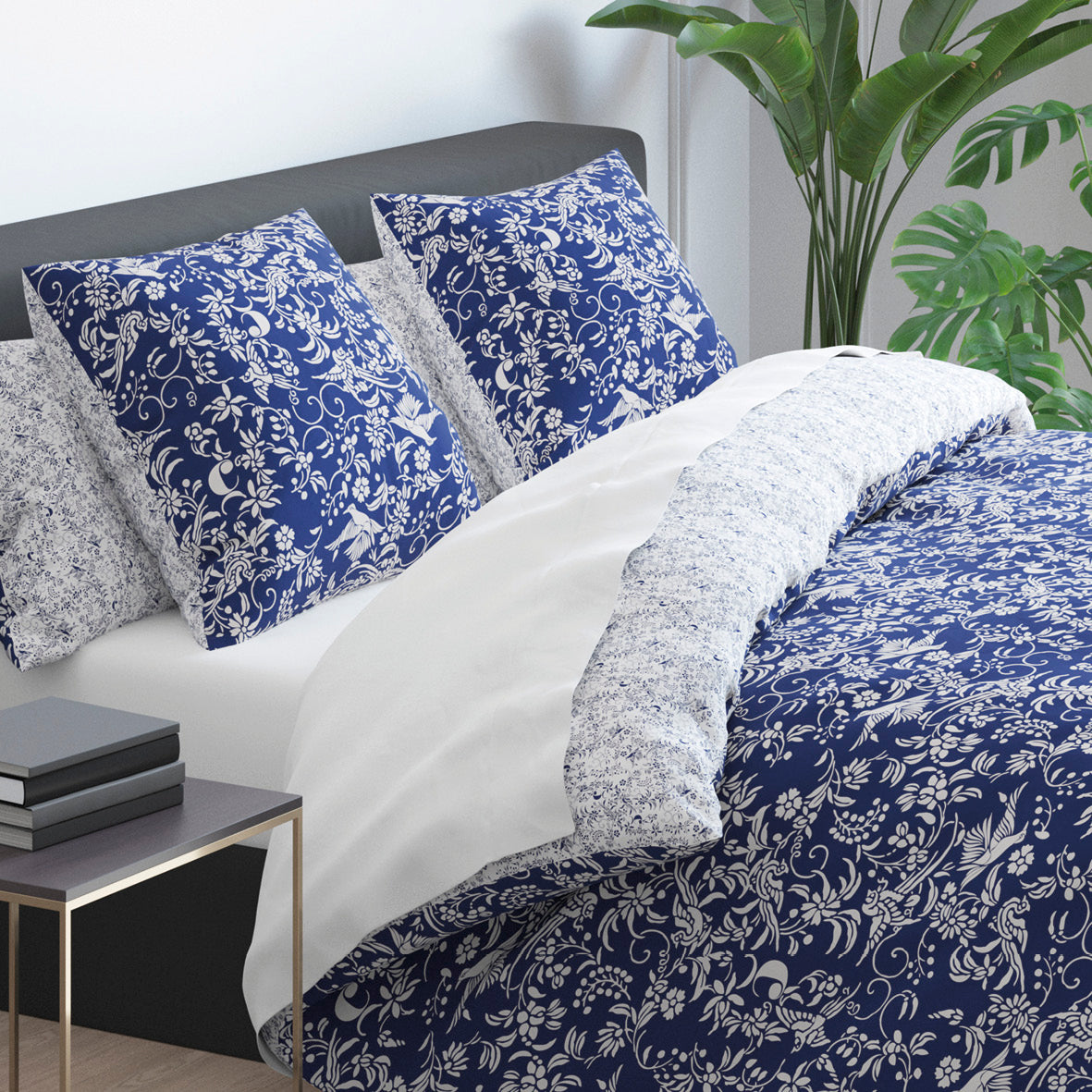 Duvet cover + pillowcase(s) cotton satin - Birds Blue