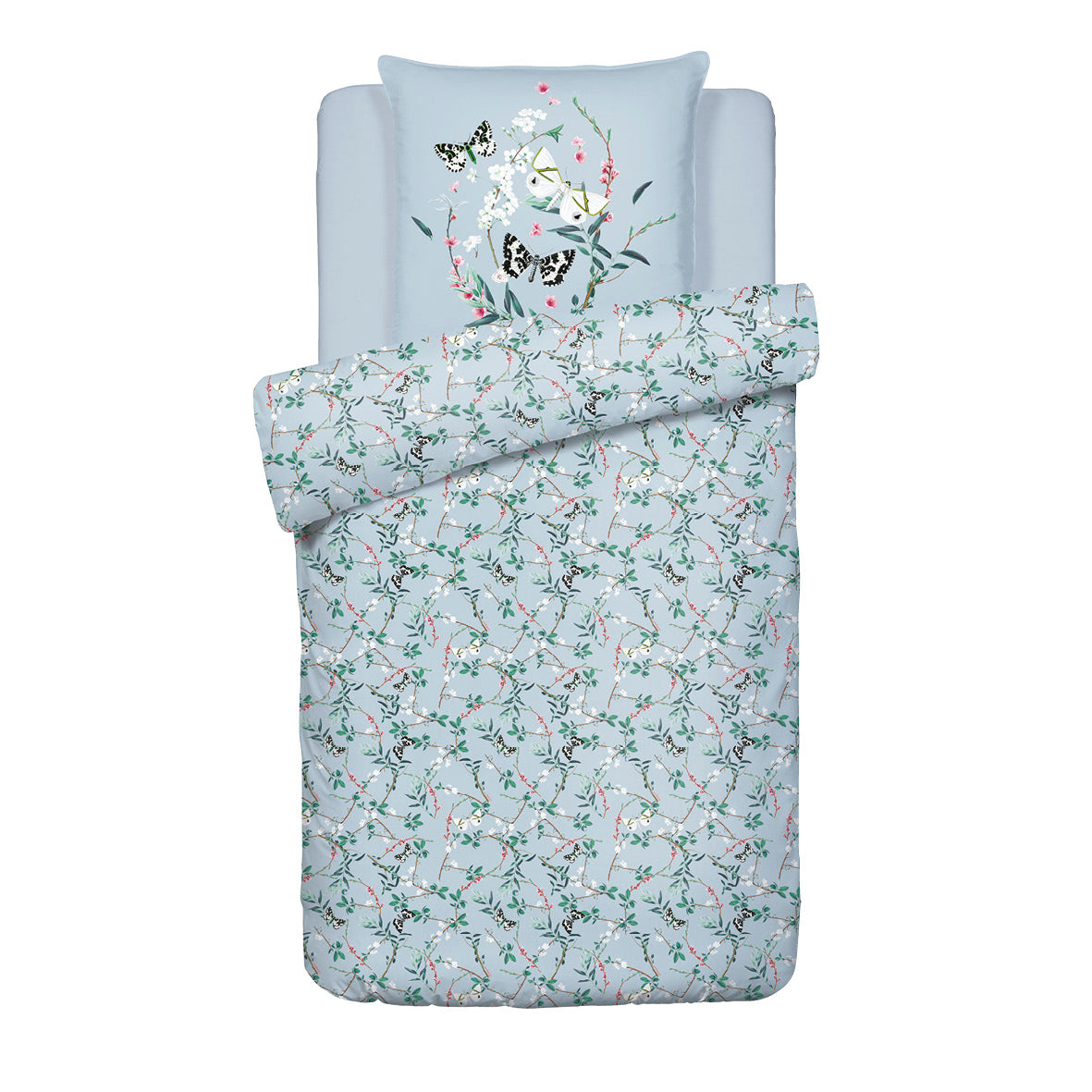 Duvet cover + pillowcase(s) cotton satin - Buddleia Small Teal 140 x 200 cm + 63 x 63 cm