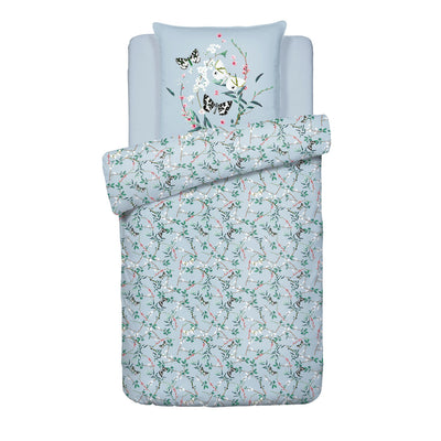 Duvet cover + pillowcase(s) cotton satin - Buddleia Small Teal 140 x 200 cm + 63 x 63 cm