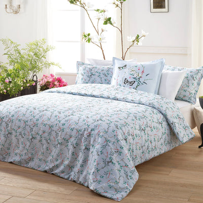 Duvet cover + pillowcase(s) cotton satin - Buddleia Small Teal